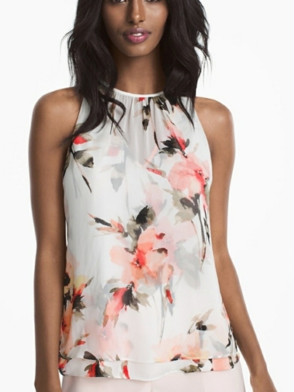 WHBM Floral Chiffon Pretty Shell Blouse Ecru Gelato Tank Top (XXS)